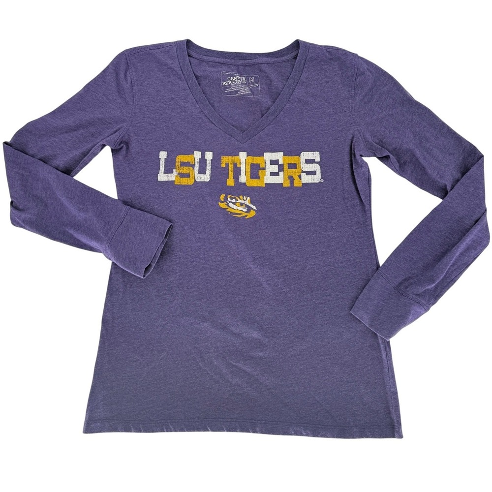 LSU Tigers Campus Heritage Purple V-Neck Long‎ Sleeve T-Shirt Womens Medium